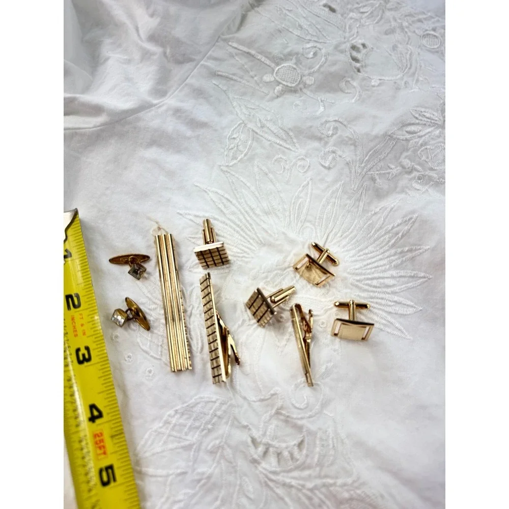 Mens Gold Tone Cufflink Tie‎ Clip Set Square Crystal Elegant Formal vintg